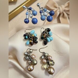 Lot of 3 Cluster Bead Dangle Drop Earrings Blue Gold Brown Champagne Silver Tone